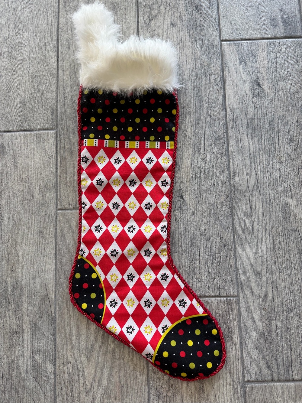 New Handmade Whimsical Holiday Christmas Stocking with White Faux Fur Cuff
